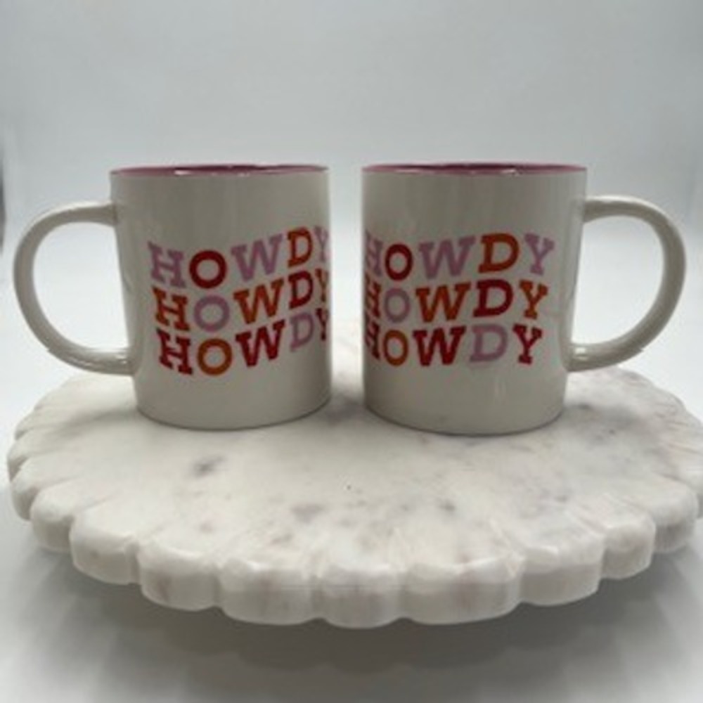 Howdy Stoneware Mug Set of 2 White Pink Western Retro 160z.  NEW‎